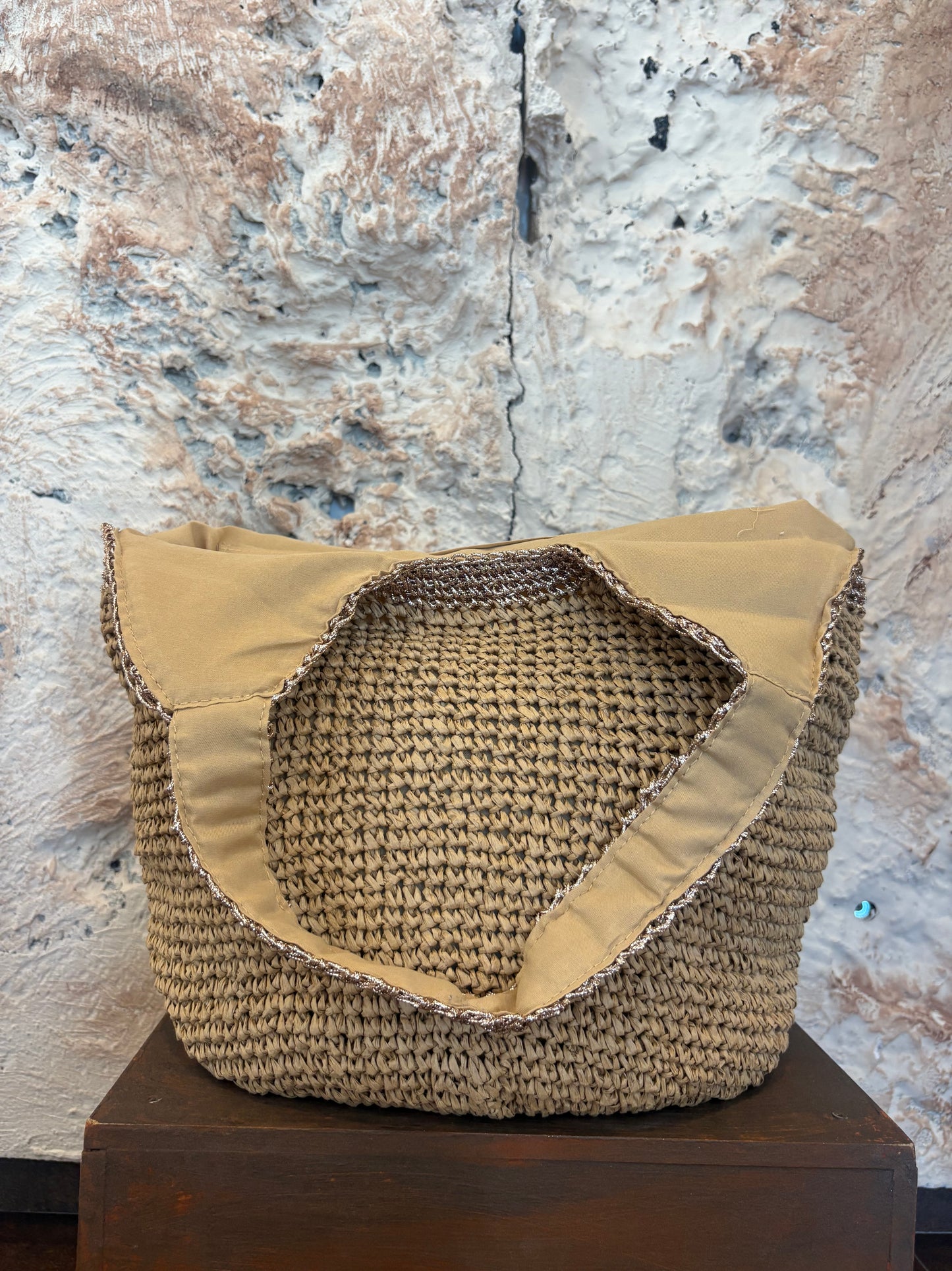 BOLSO RAFIA ASA ORO ROSADO