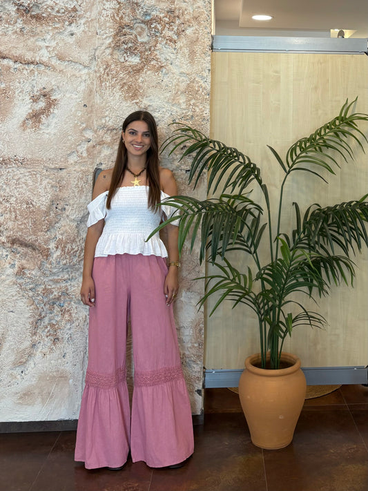 PANTALÓN LINO ROSA DETALLE CALADO