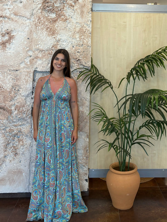 VESTIDO BOHO ESTAMPADO CACHEMIR CELESTE