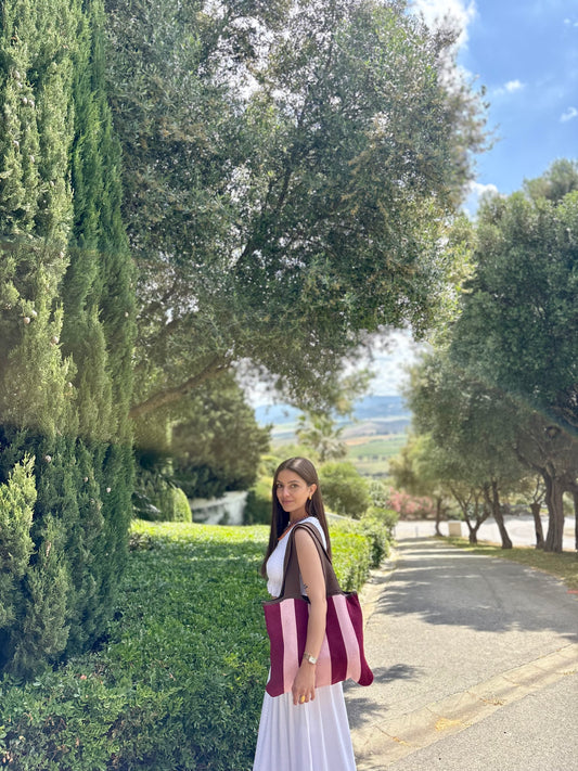 BOLSO PUNTO RAYAS MORADO-ROSA
