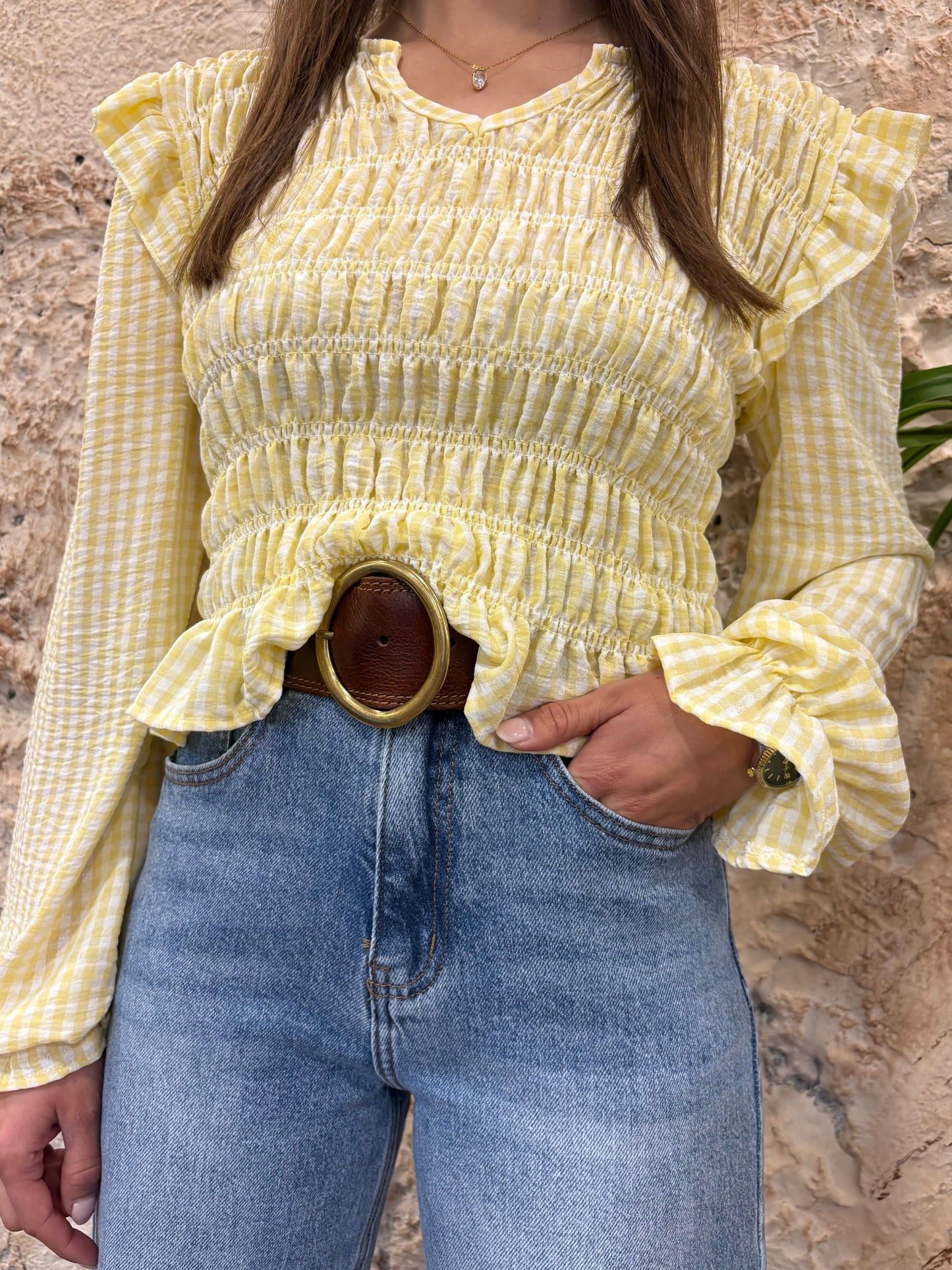 BLUSA PANEL DE ABEJA VICHY AMARILLA