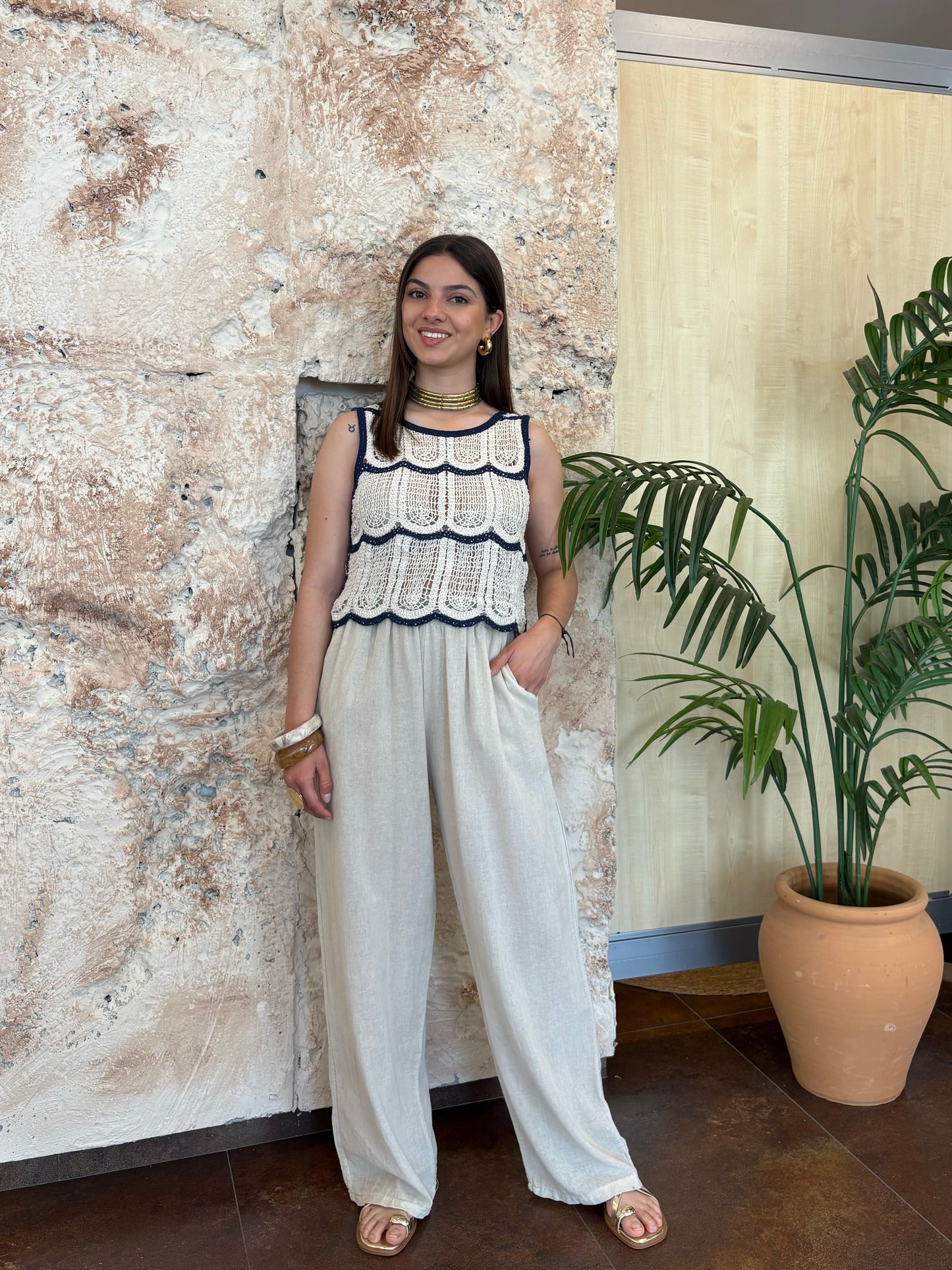 PANTALÓN EFECTO LINO BEIGE