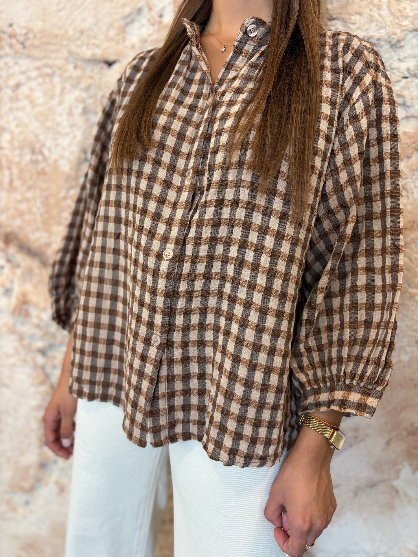 CAMISA CUELLO MAO VICHY MARRÓN