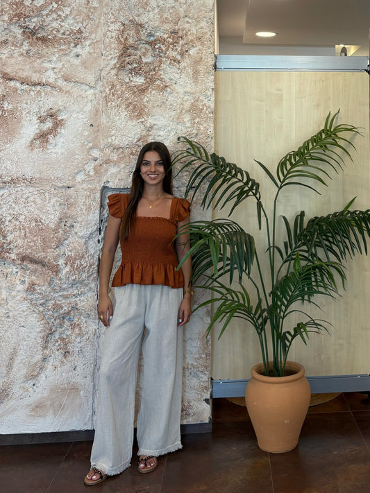 PANTALÓN RECTO BEIGE  LINO DESFLECADO