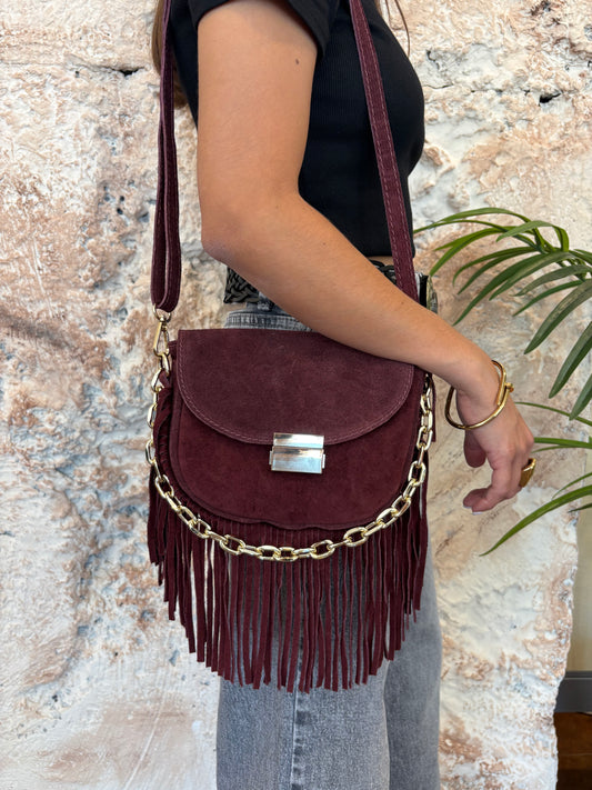 BOLSO BANDOLERA FLECOS BURDEOS