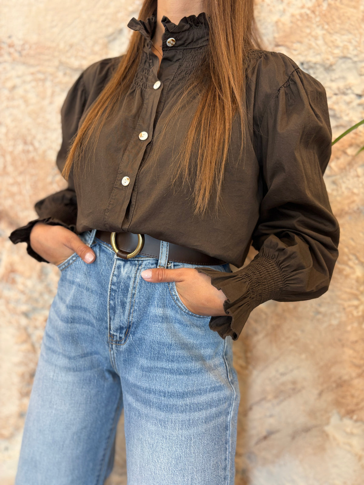 CAMISA CUELLO PANEL DE ABEJA MARRÓN