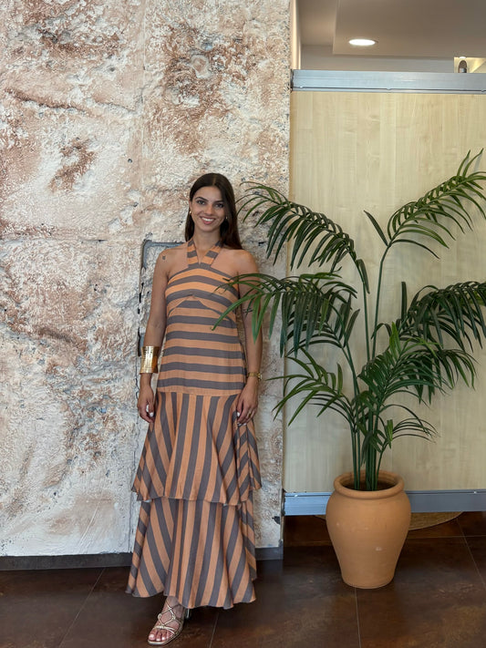 VESTIDO LARGO RAYAS VOLANTES NARANJA-MARRÓN