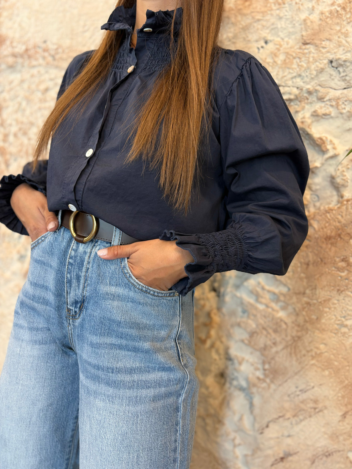 CAMISA CUELLO PANEL DE ABEJA AZUL MARINO