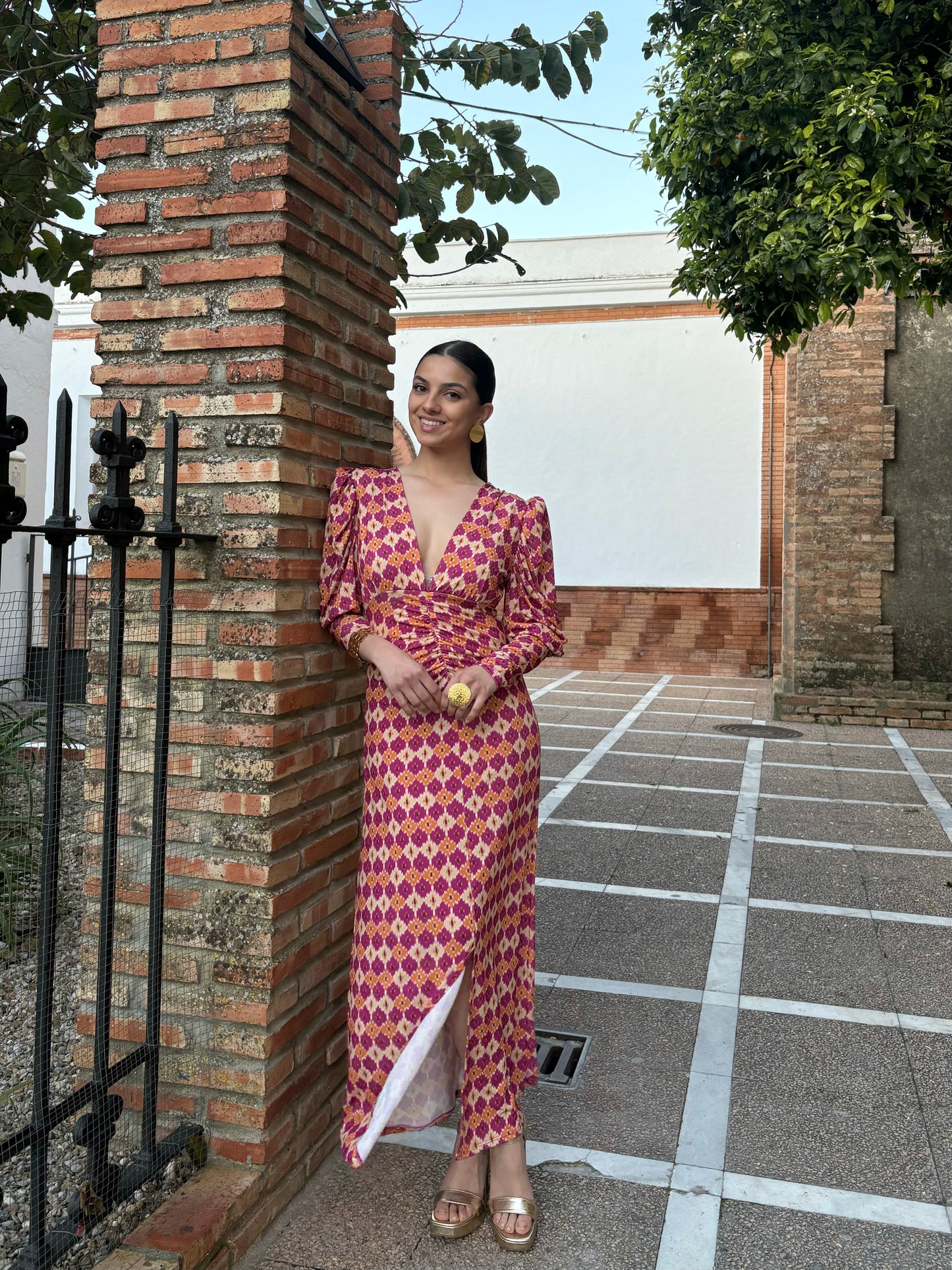 VESTIDO ESTAMPADO BUGANVILLA-NARANJA CUELLO PICO