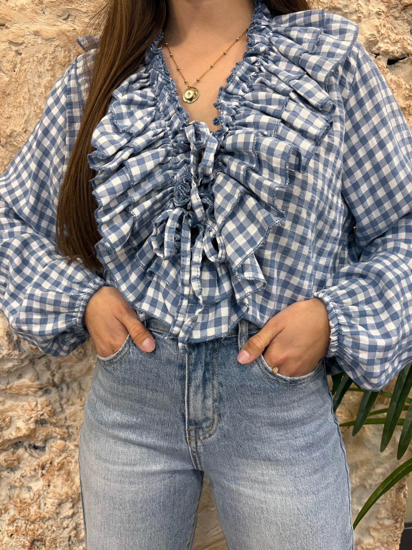 BLUSA VOLANTES VICHY CELESTE