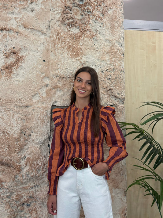 BLUSA CUELLO RIZO PANEL MORADA-NARANJA
