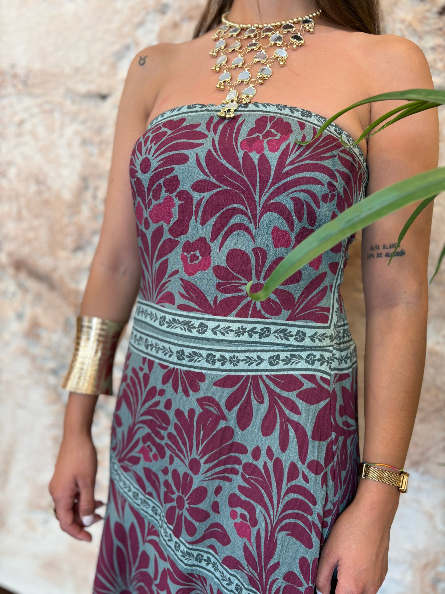 VESTIDO PALABRA DE HONOR ESTAMPADO FLORAL VERDE AGUA-BUGANVILLA
