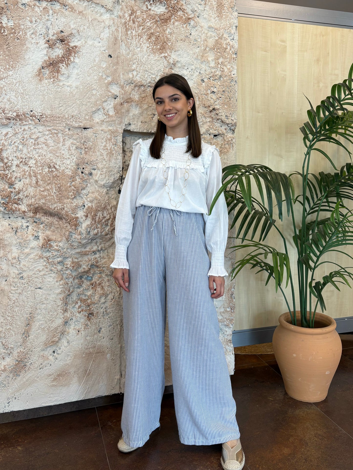 PANTALÓN PALAZO RAYAS CELESTE