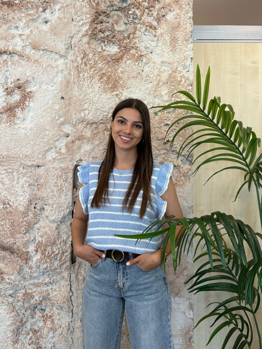 TOP PUNTO CELESTE RAYAS BLANCAS