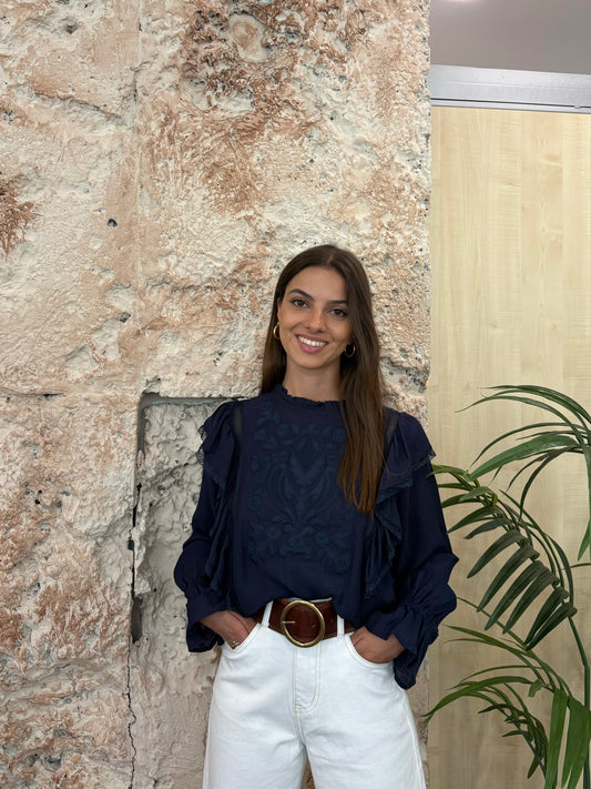 BLUSA BORDADOS Y VOLANTES AZUL