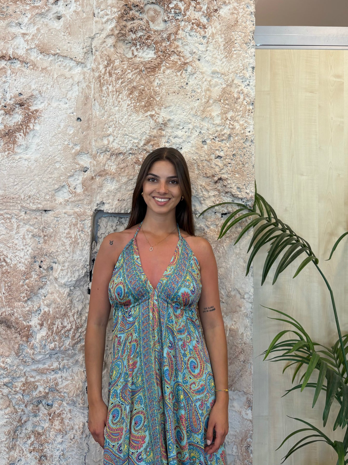 VESTIDO BOHO ESTAMPADO CACHEMIR CELESTE