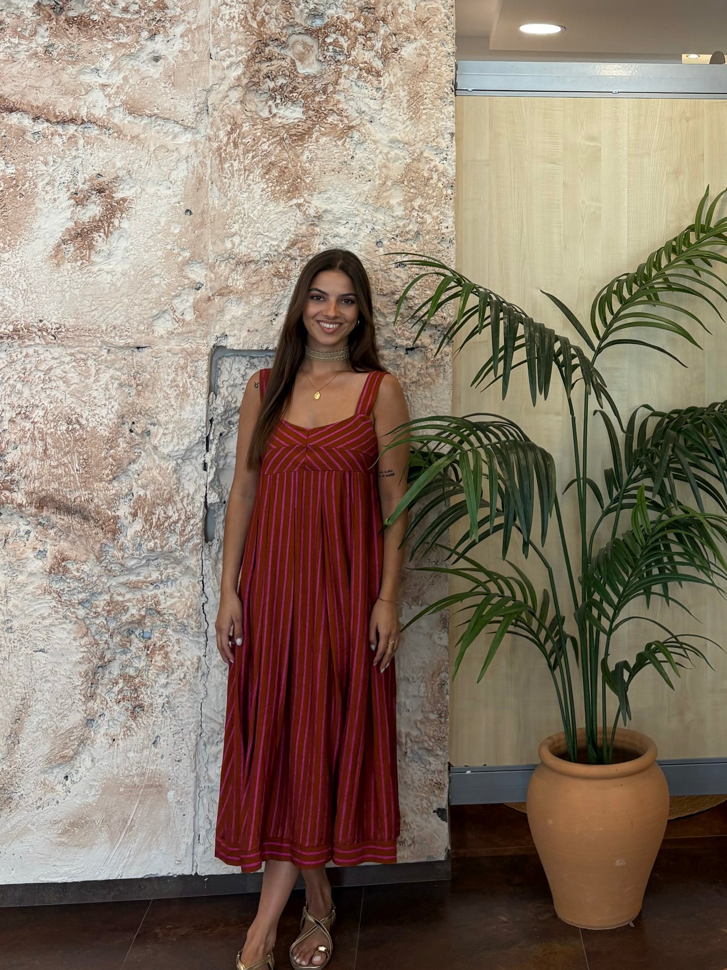 VESTIDO LARGO RAYAS TEJA - ROSA