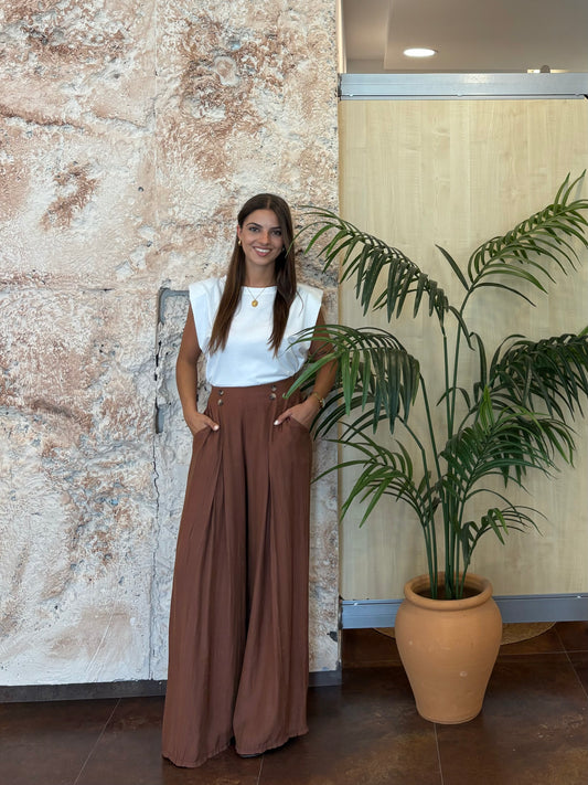 PANTALÓN PINZA FLUIDO DETALLE BOTONES FRONTAL TEJA