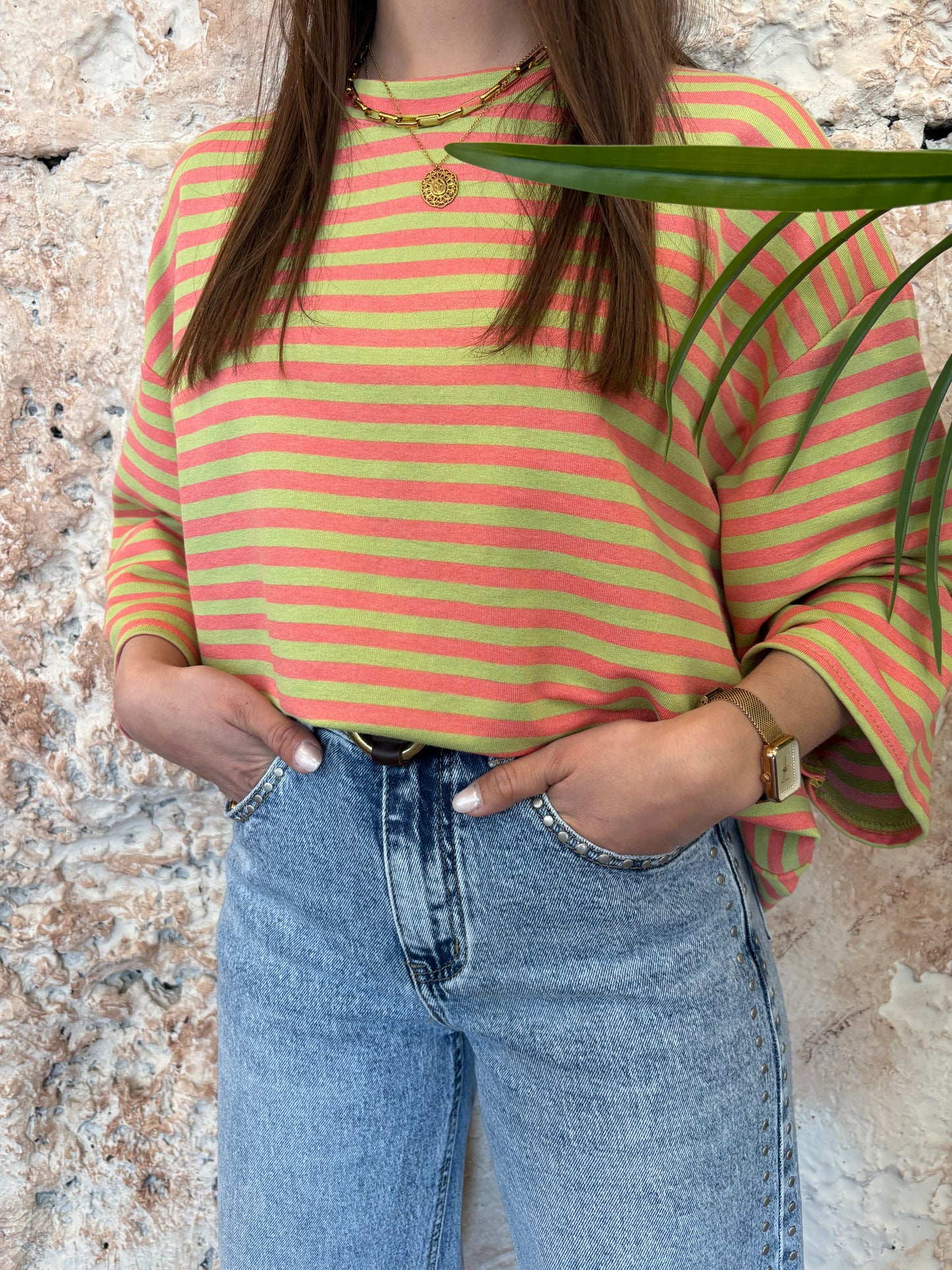 CAMISETA OVERSIZE RAYAS CORAL-LIMA