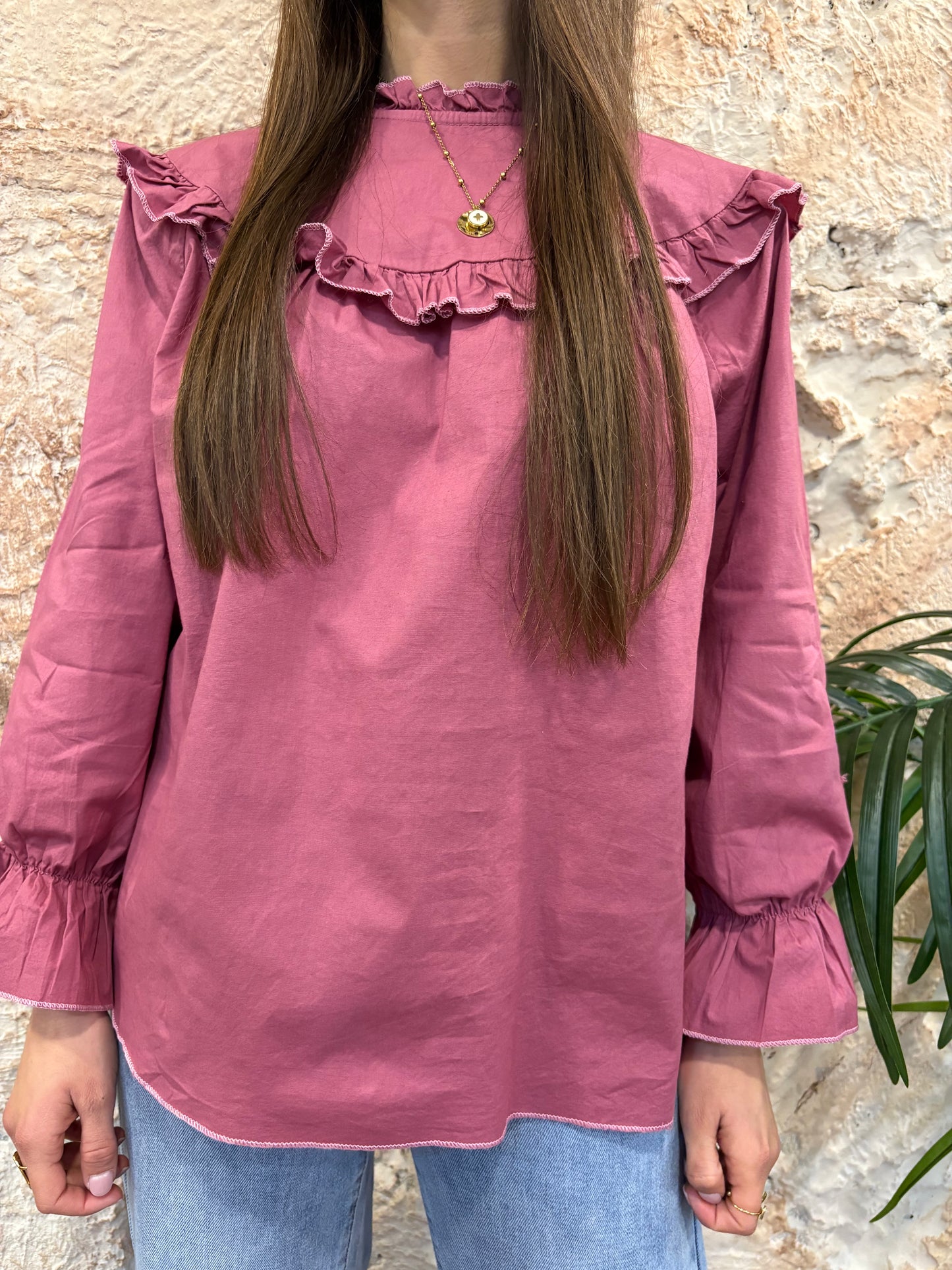 BLUSA CUELLO REDONDO RIZO FRAMBUESA