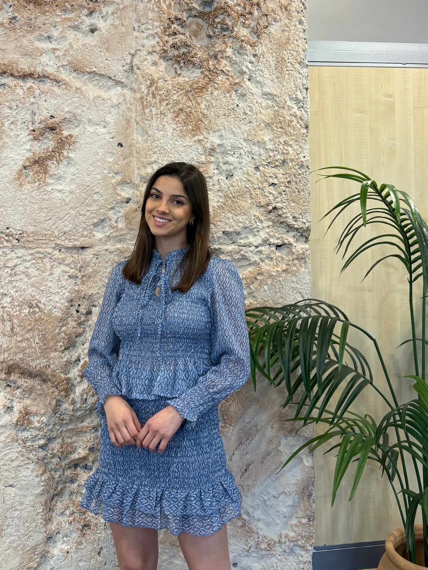 CONJUNTO ESTAMPADO BLUSA+ FALDA CELESTE