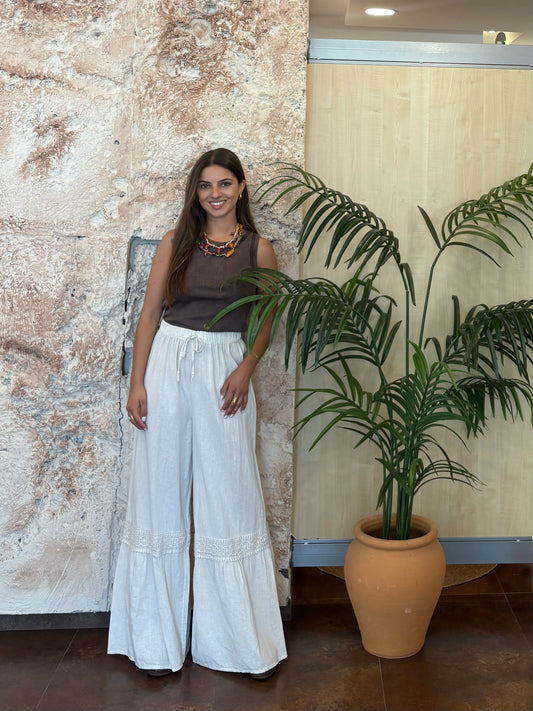 PANTALÓN LINO CRUDO DETALLE CALADO