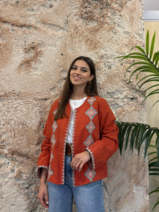 CHAQUETA NARANJA ESTAMPADA CON BORDADOS ÉTNICOS