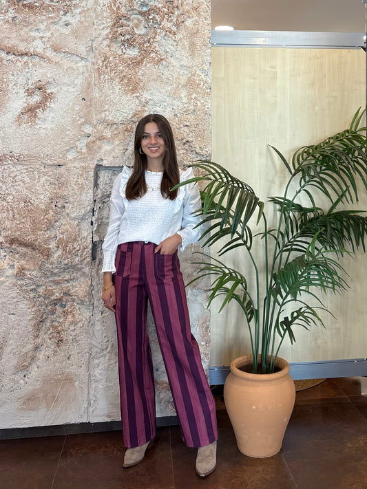 PANTALÓN BOLSILLOS RAYAS ROSA-MORADO