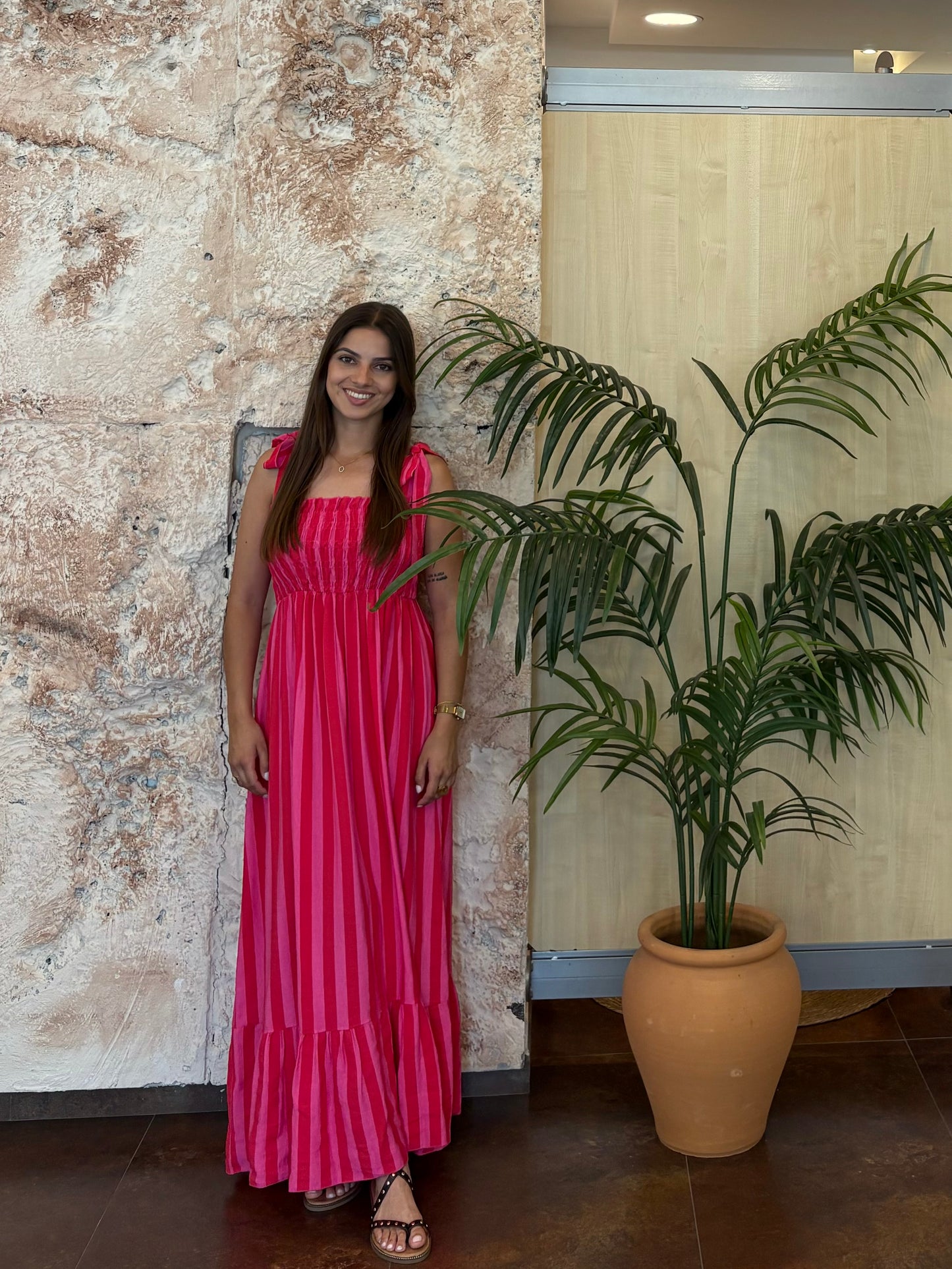 VESTIDO LARGO RAYAS ROJO-ROSA
