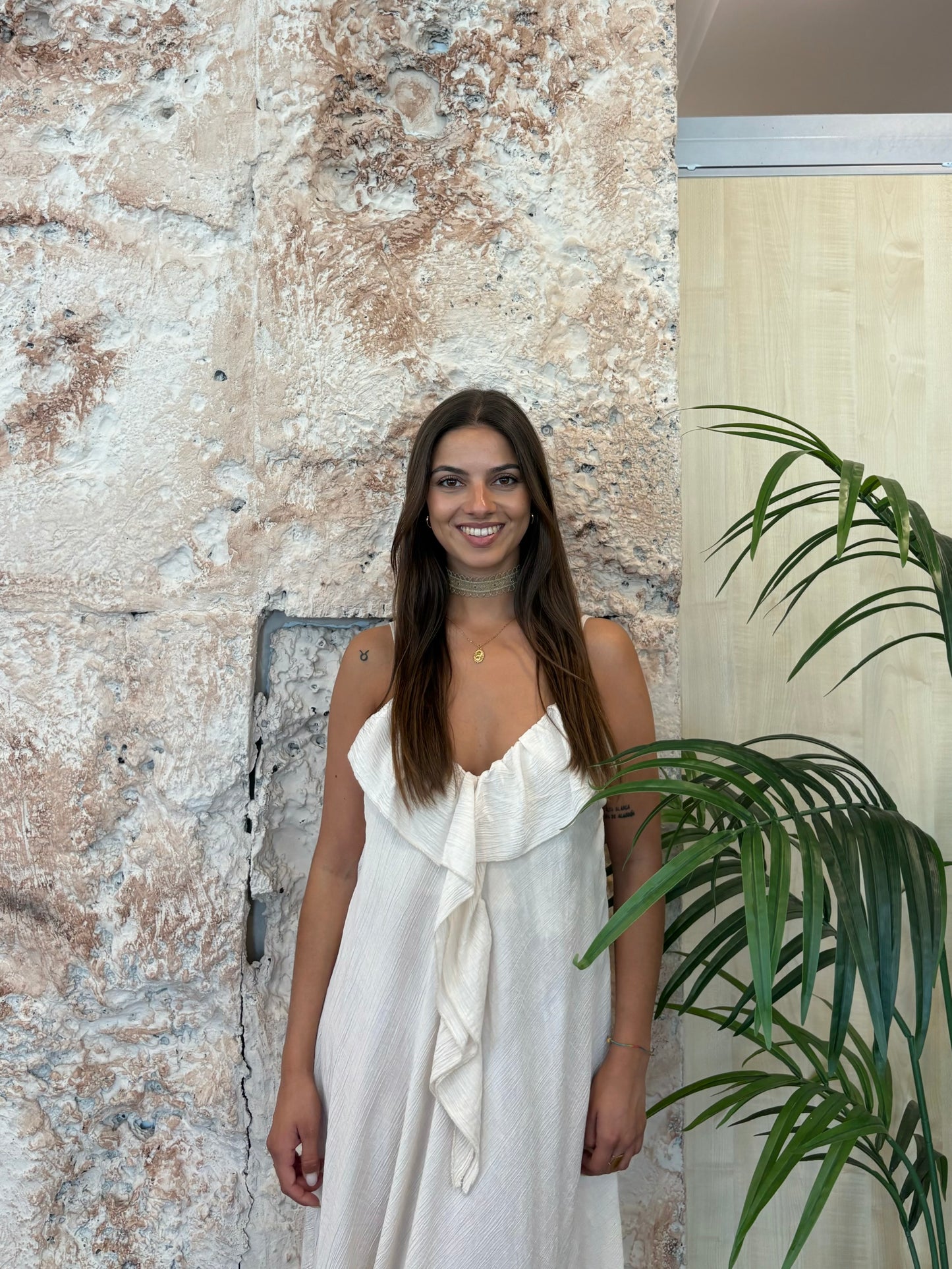 VESTIDO LARGO BAMBULA BEIGE VOLANTE