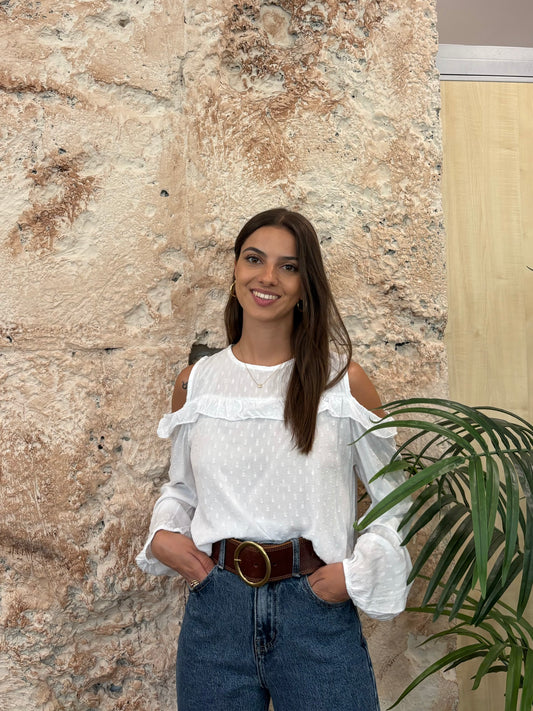 BLUSA BLANCA GLITTER HOMBRO DESCUBIERTO