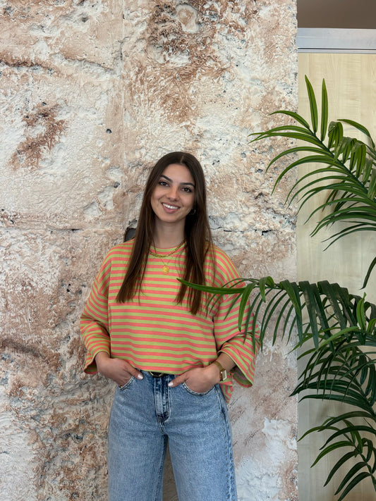 CAMISETA OVERSIZE RAYAS CORAL-LIMA