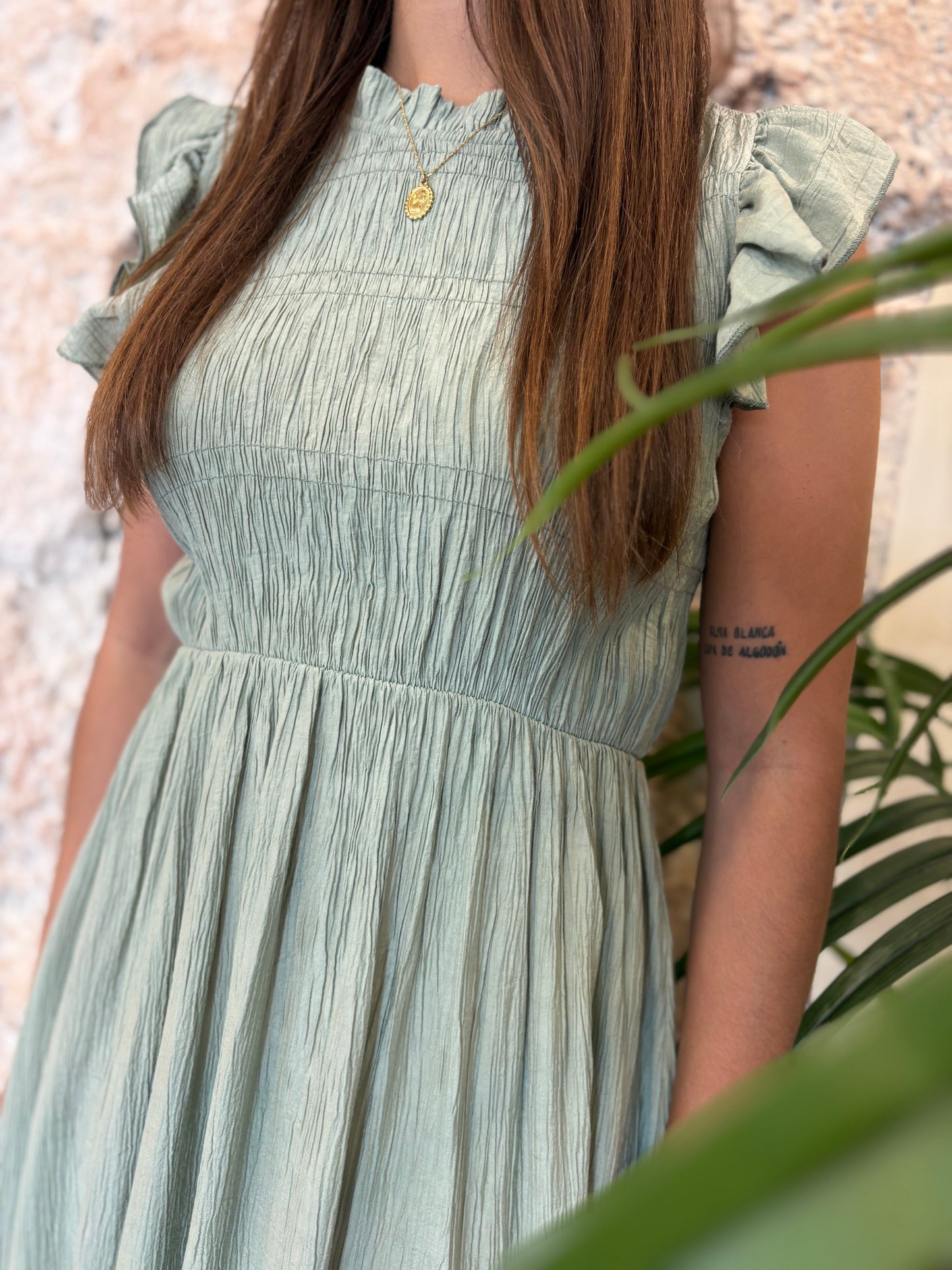 VESTIDO PANEL DE ABEJA LARGO BAMBULA VERDE