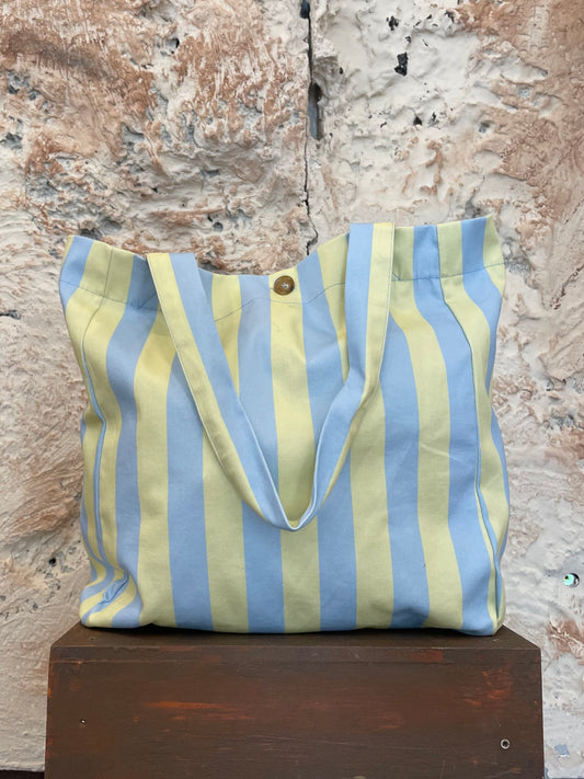 BOLSO SHOPPER TELA RAYAS CELESTE - MANTEQUILLA