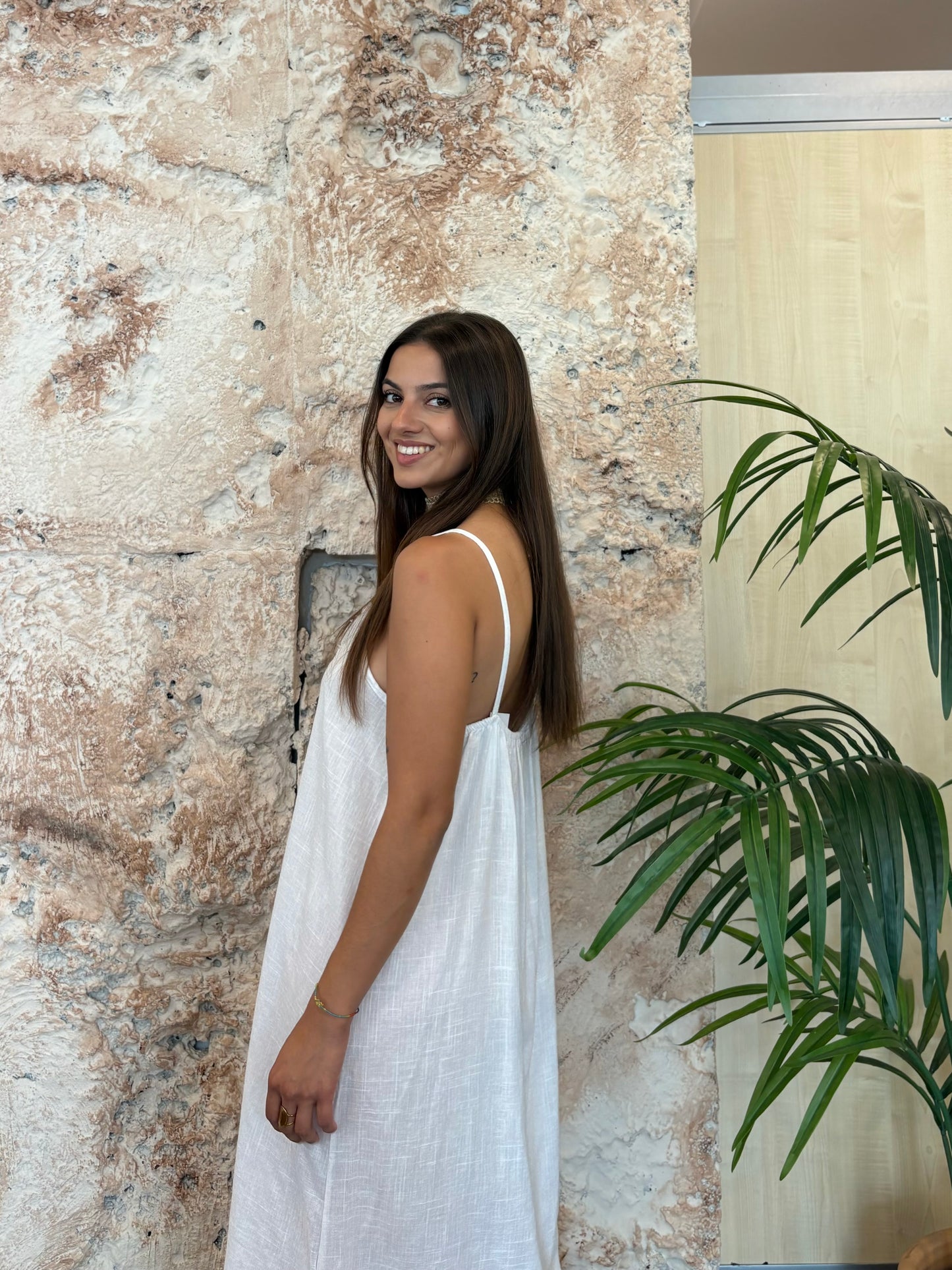 VESTIDO LINO TIRANTE DETALLE DESFLECADO BLANCO