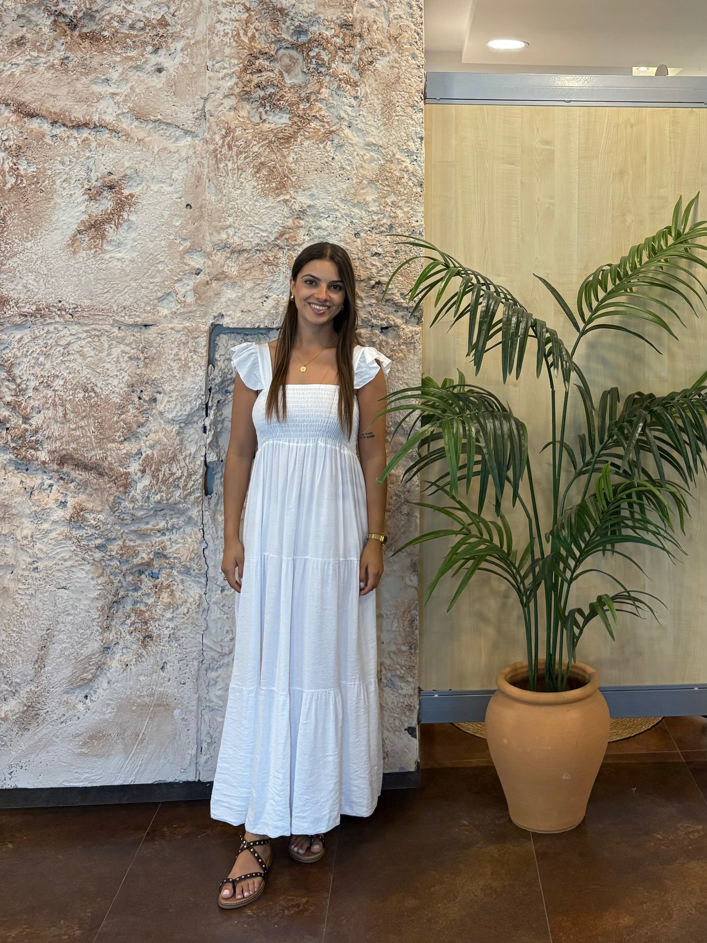 VESTIDO PANEL DE ABEJA  TIRANTE VOLANTE BLANCO