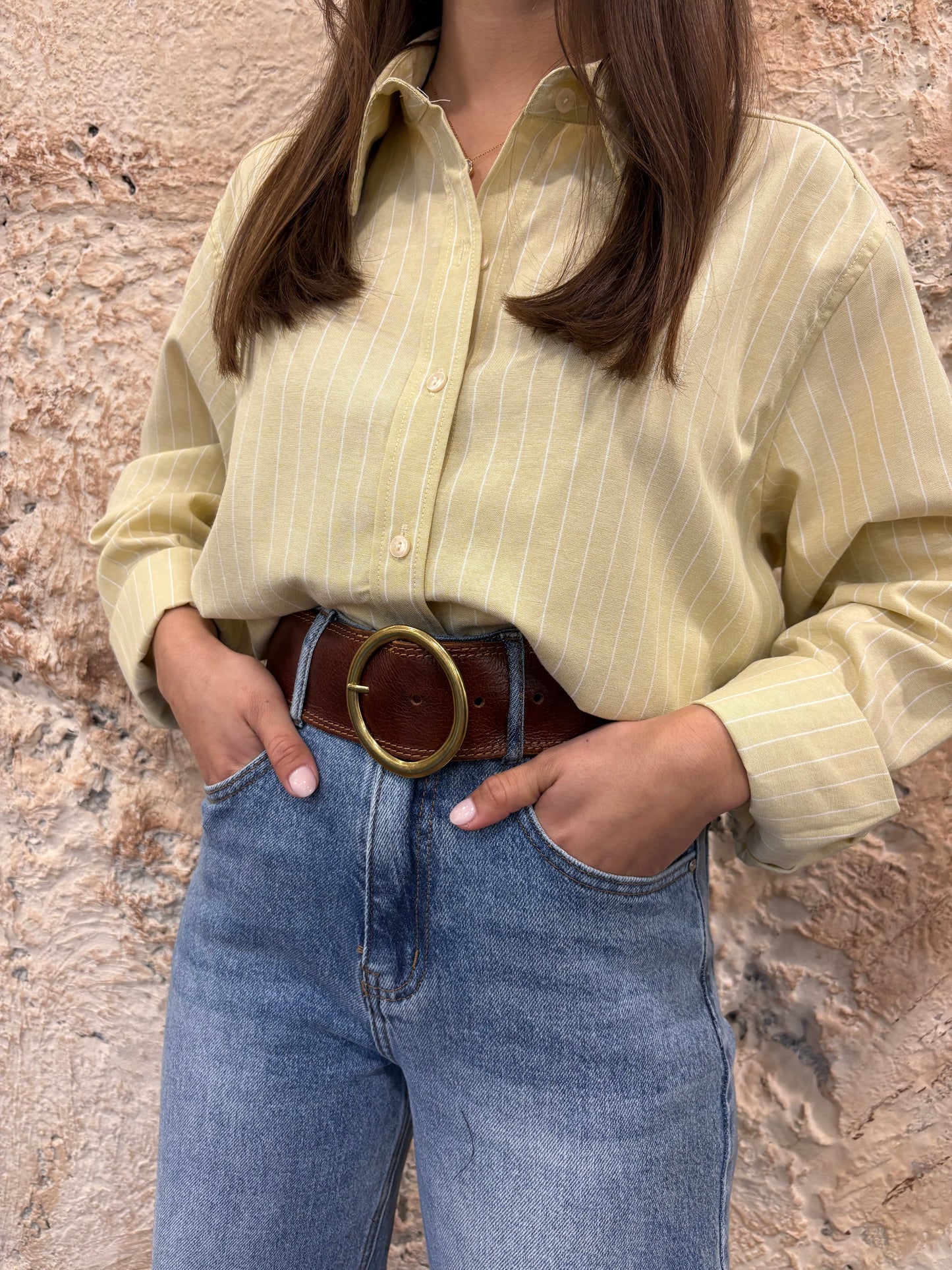 CAMISA OVERSIZE OXFORD RAYAS AMARILLO PASTEL