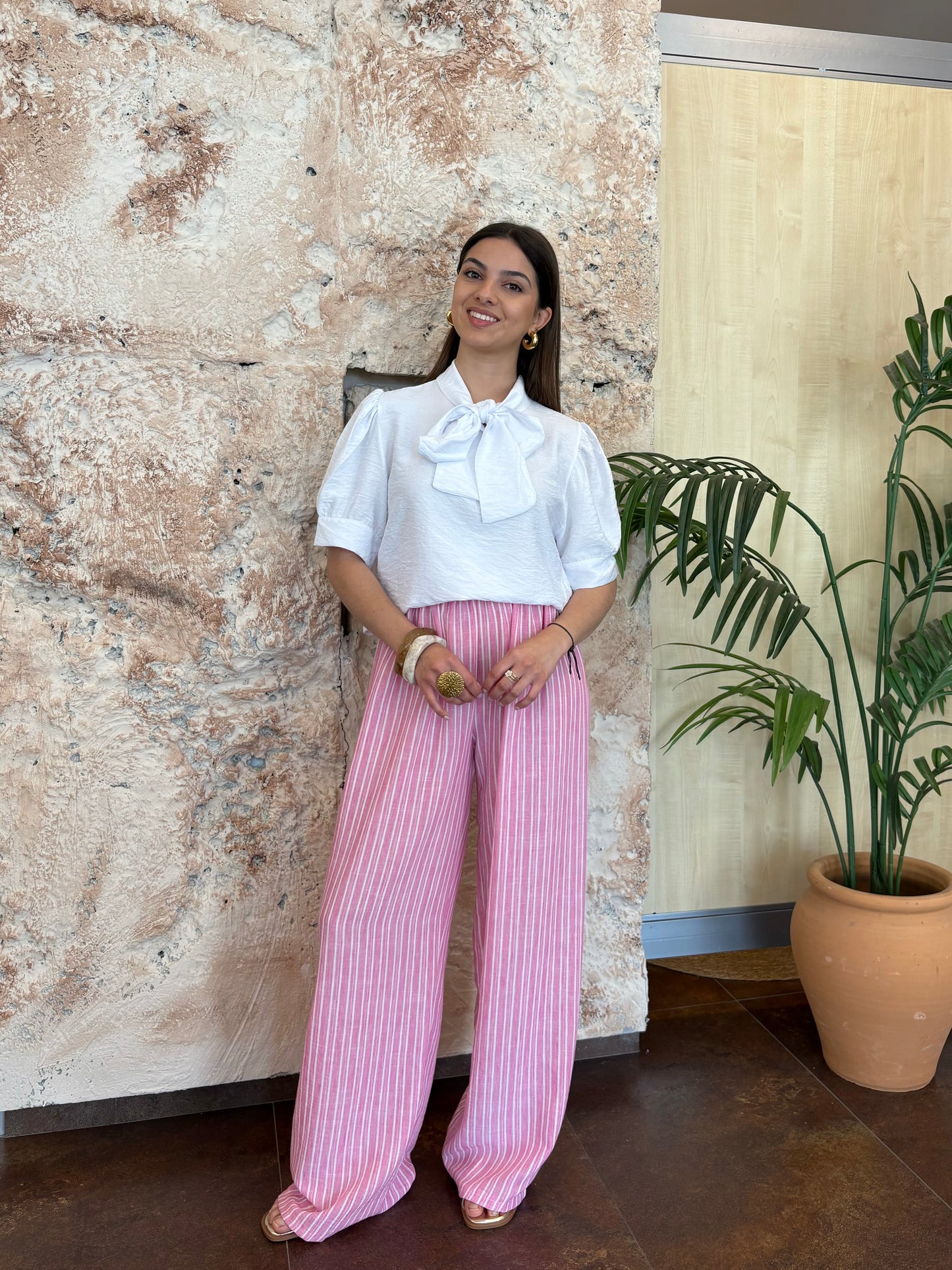 PANTALÓN EFECTO LINO RAYAS ROSA