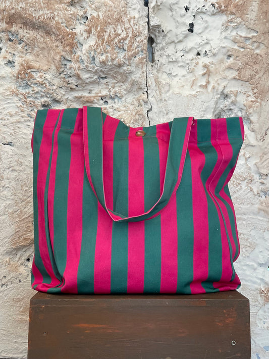 BOLSO SHOPPER TELA RAYAS VERDE - ROSA FUCSIA