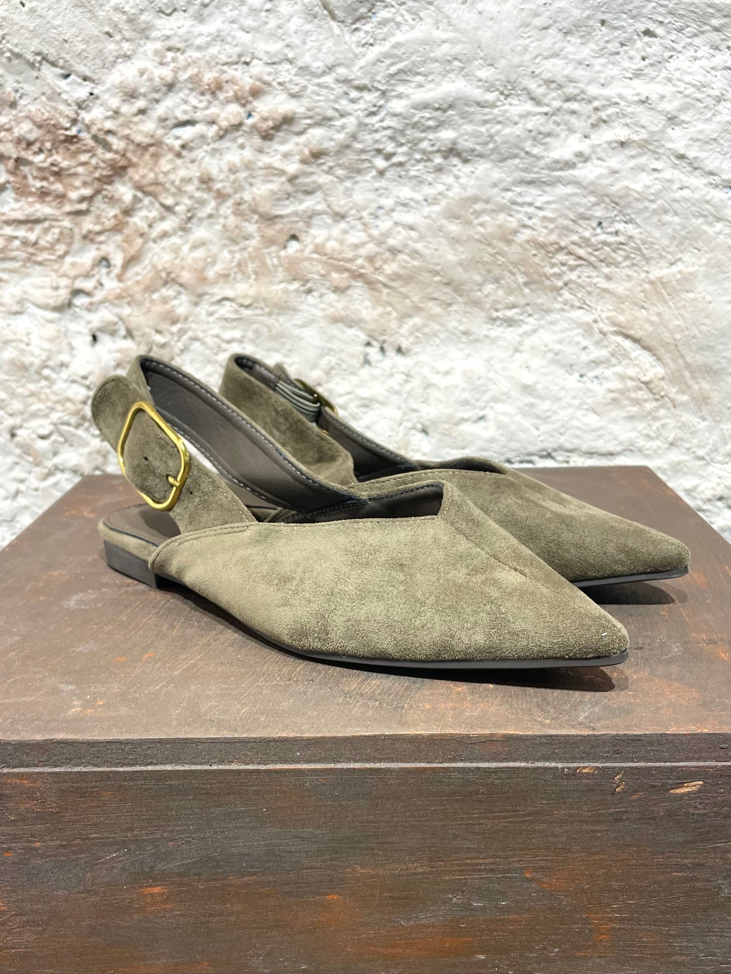 MULE PLANA TAUPE-KAKI HEBILLA DORADA ANTELINA