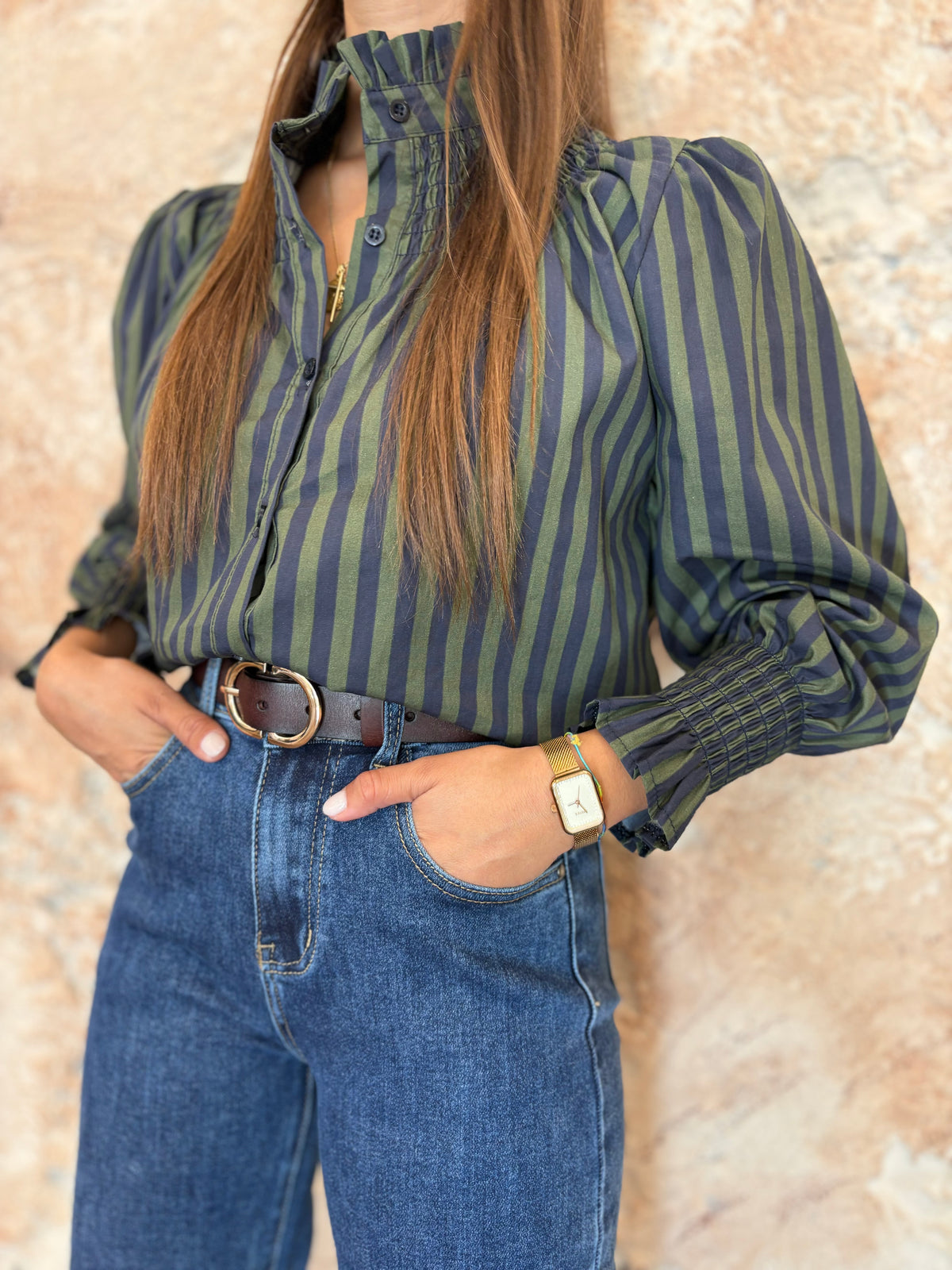 CAMISA CUELLO PANEL DE ABEJA RAYAS AZUL - VERDE