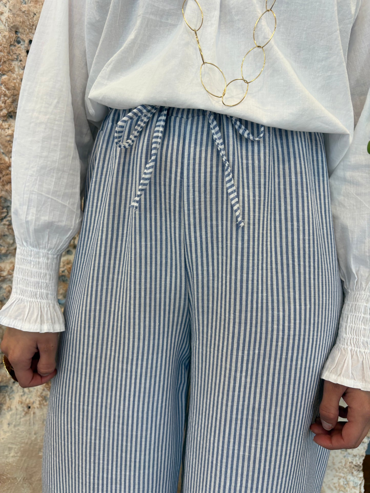 PANTALÓN PALAZO RAYAS CELESTE