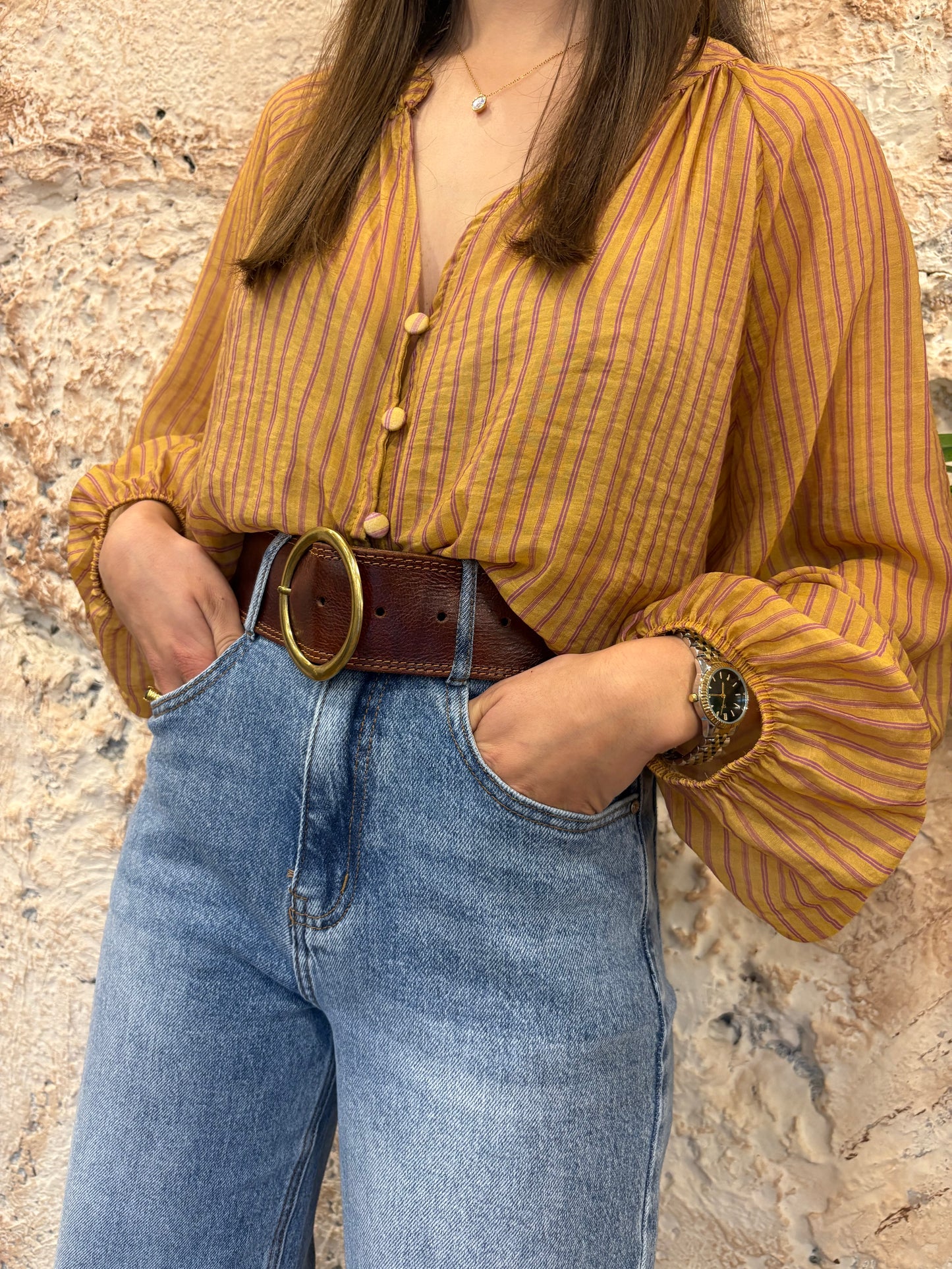 CAMISA RAYAS MOSTAZA-MORADA