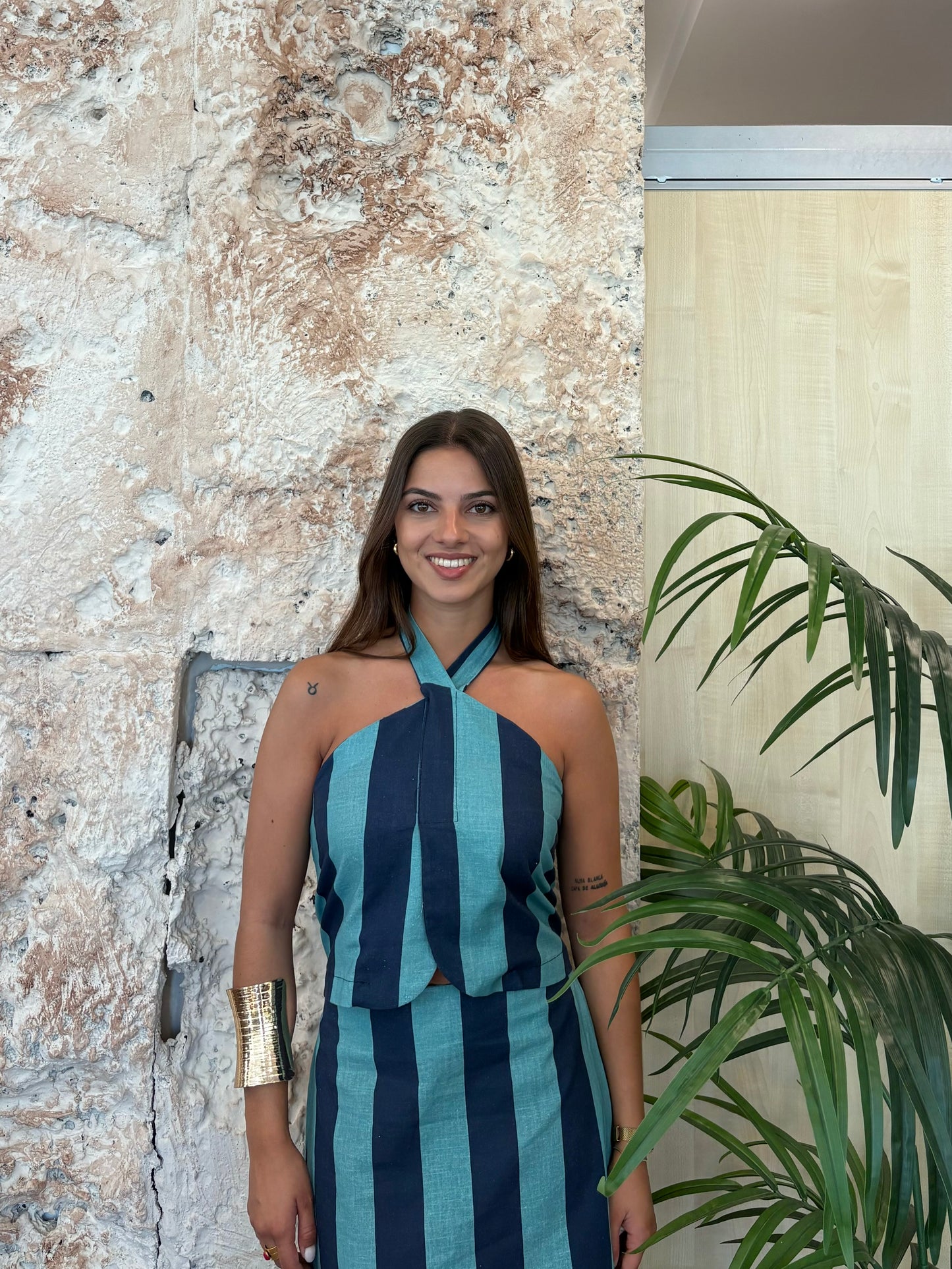 CONJUNTO TOP- FALDA RAYAS VERDE AGUA - AZUL