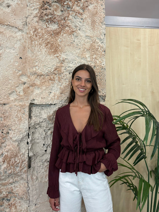 BLUSA BURDEOS LAZADA-VOLANTES