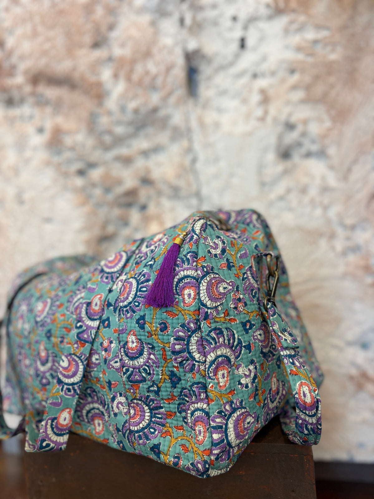 BOLSO VIAJE ESTAMPADO VERDE AGUA - LILA