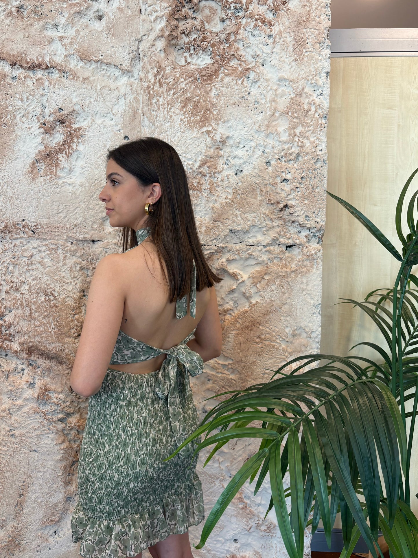 VESTIDO PANEL ESTAMPADO LAZADO AL CUELLO VERDE-BEIGE