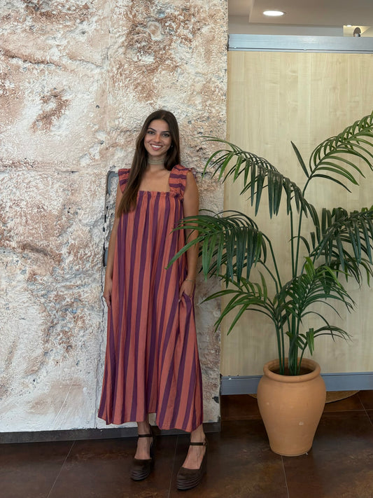 VESTIDO TIRANTE FRUNCIDO RAYAS MORADO - NARANJA