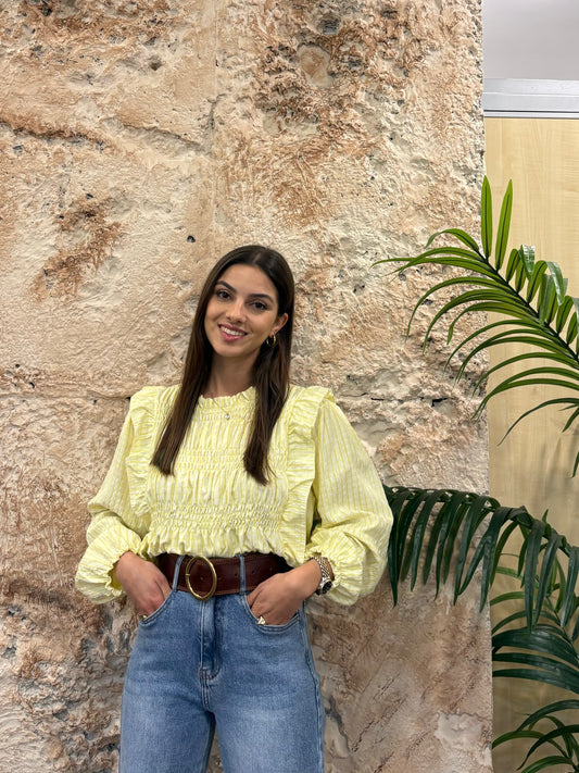 BLUSA PANEL ABEJA VICHY VOLANTES AMARILLO