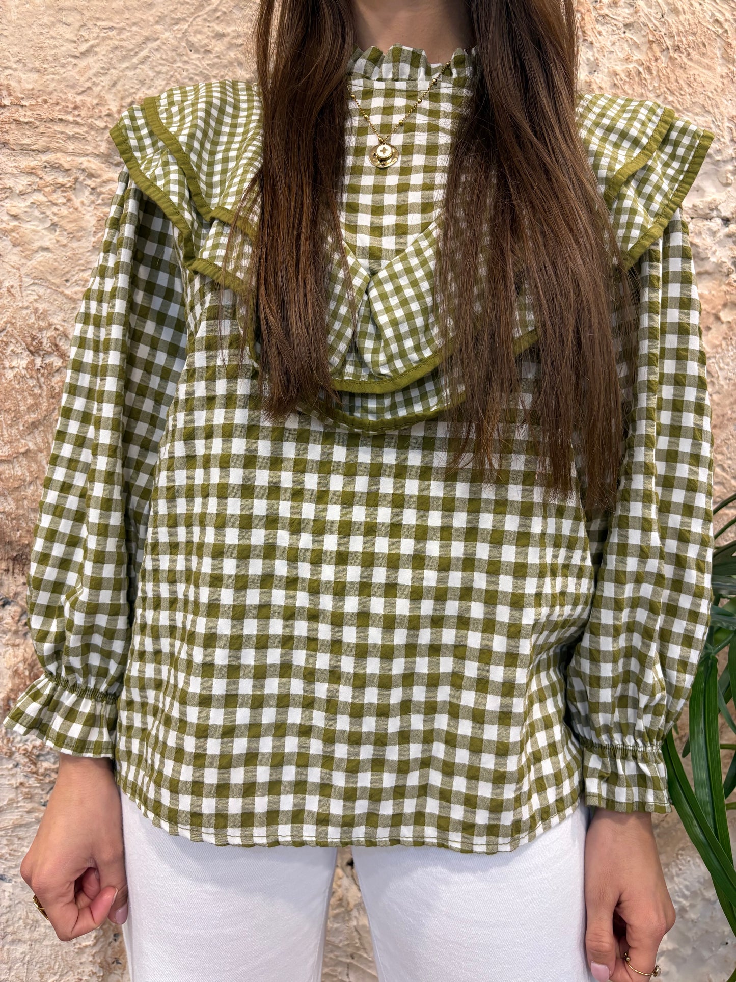 BLUSA VOLANTES CUELLO RIZO VICHY VERDE